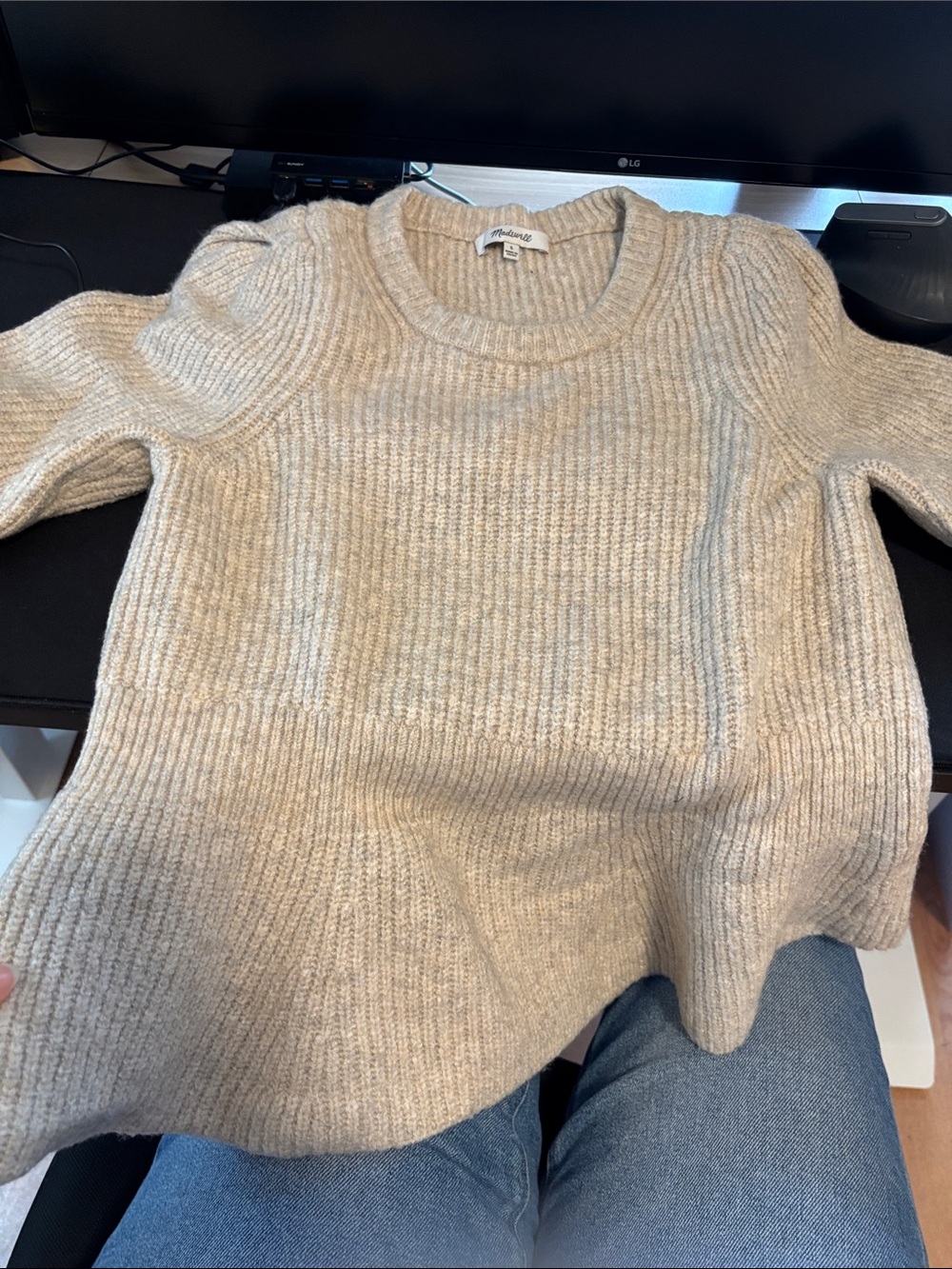 Madewell Oatmeal Ribbed Peplum Crewneck Sweater